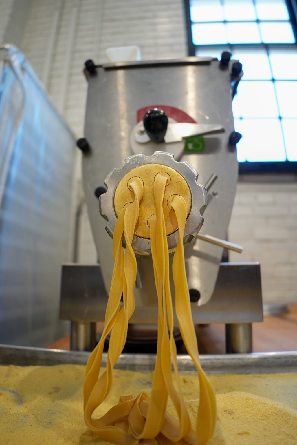 Fresh pasta coming from the extruder